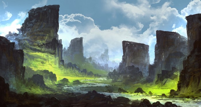 Digital art landscape of rocky mountains and a river valley