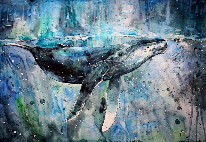 Watercolor Painting of a Majestic Whale Underwater