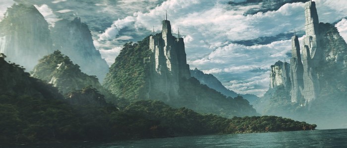 Fantasy landscape with mountains and futuristic structures