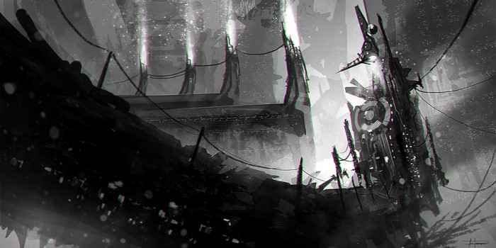 Futuristic monochrome digital art with anaglyph 3D effect