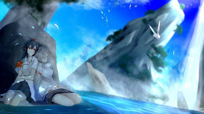 Two anime girls resting by a waterfall