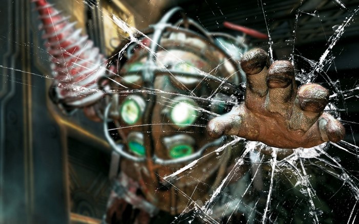 Big Daddy from BioShock reaching through cracked glass