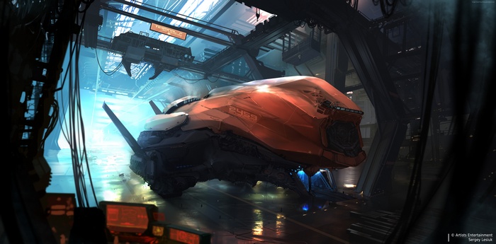 Orange transporter in a futuristic hangar