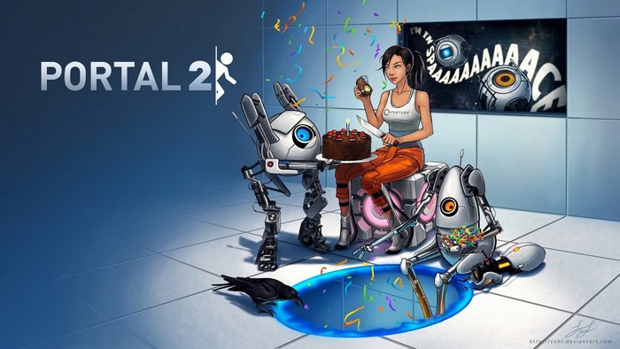 Chell and robots celebrating with cake in Portal 2