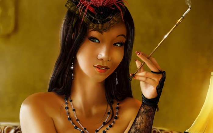 Woman with cigarette and elaborate headwear