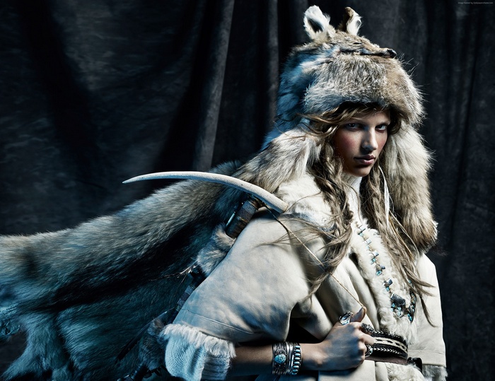 Model Bette Franke in fur hat and coat