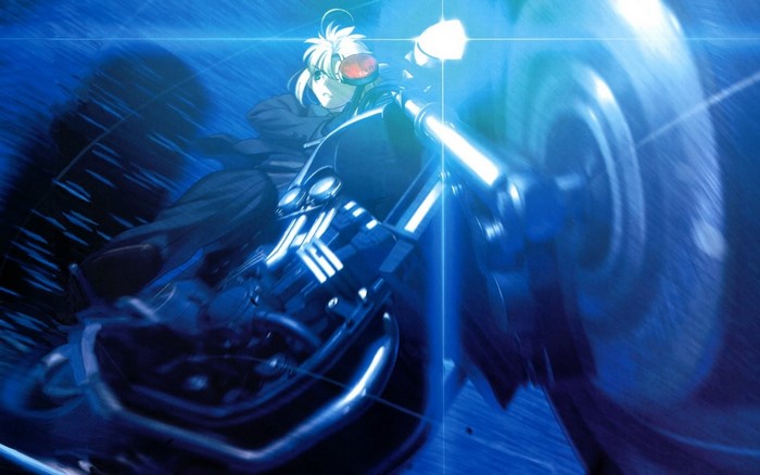 Saber from Fate/Zero riding a motorcycle