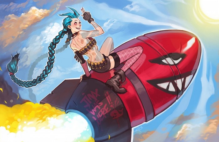 Jinx from League of Legends riding a bomb