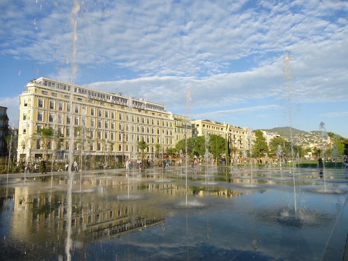 Promenade du Paillon fountains and buildings in Nice, France