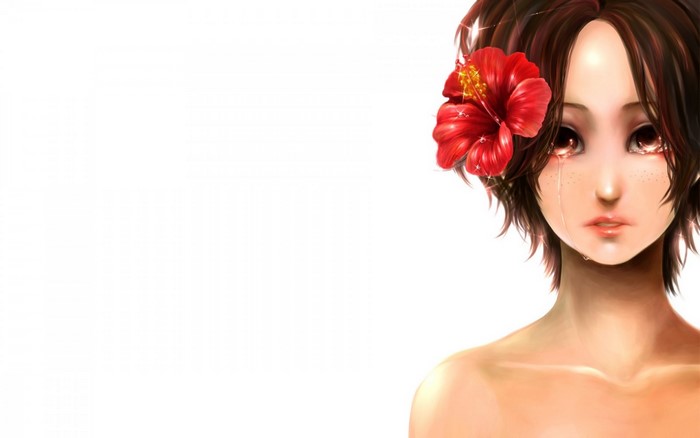 Anime girl with red hibiscus flower