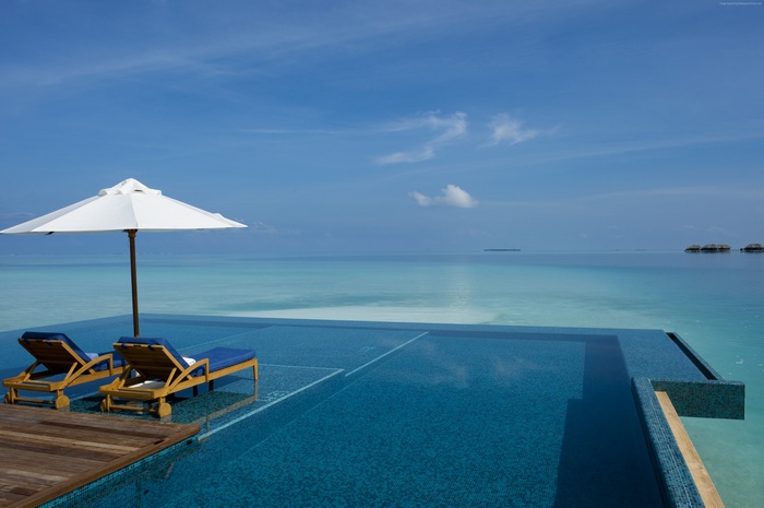 blue, travel, sunbed, Best Hotels of 2017, ocean, Conrad Rangali Maldives Luxury Resort, vacation, resort, sea, pool, tourism, sky