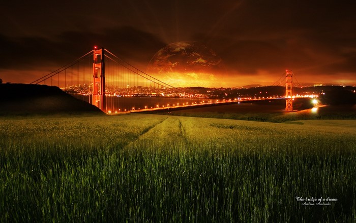 Golden Gate Bridge at night with a surreal planet