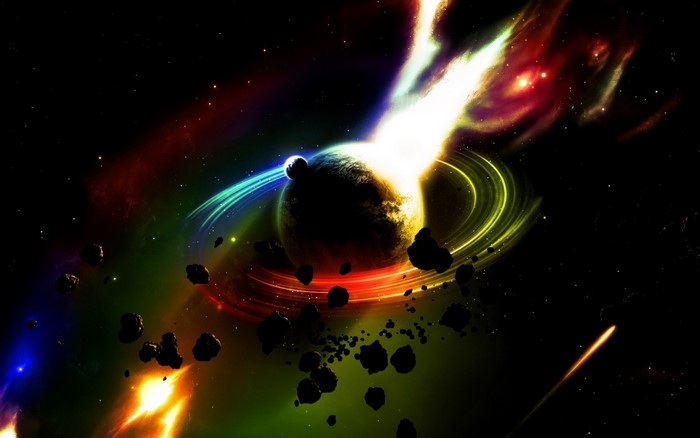 Planet with rings and asteroids in colorful nebula