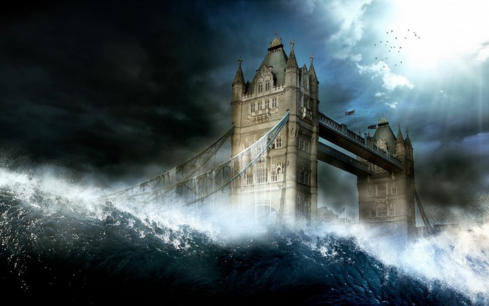 Tower Bridge London during a storm with large waves