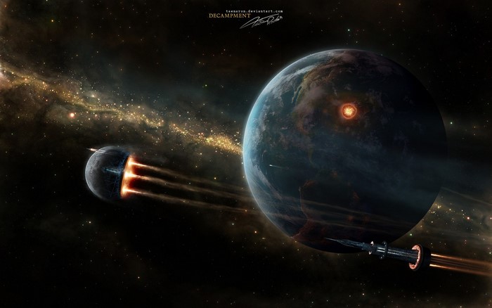 Spaceship approaching a damaged planet with a nebula background