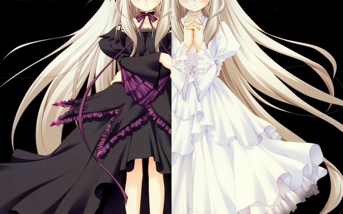 Two anime girls in contrasting dresses