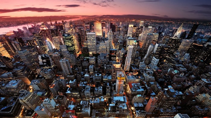 Aerial view of New York City skyline at dusk