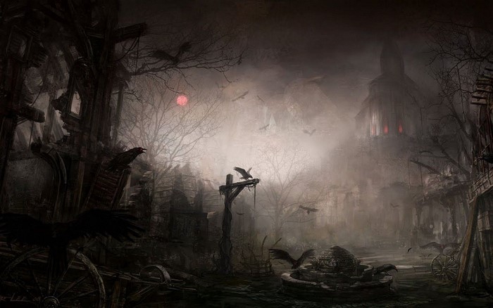 Dark fantasy village with crows and red moon