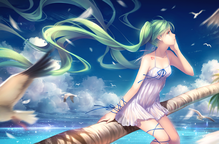 Hatsune Miku sitting on a palm tree by the ocean