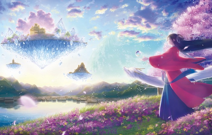 Anime girl with dragon and floating islands