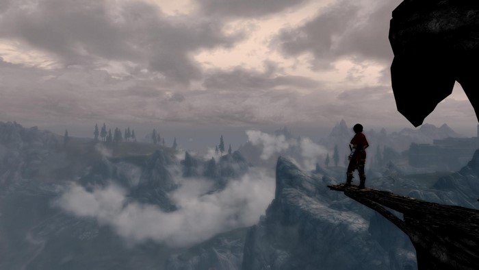 The Elder Scrolls V Skyrim character on a cliff edge