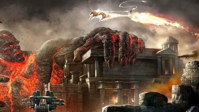 God of War III screenshot with Kratos and a giant lava monster