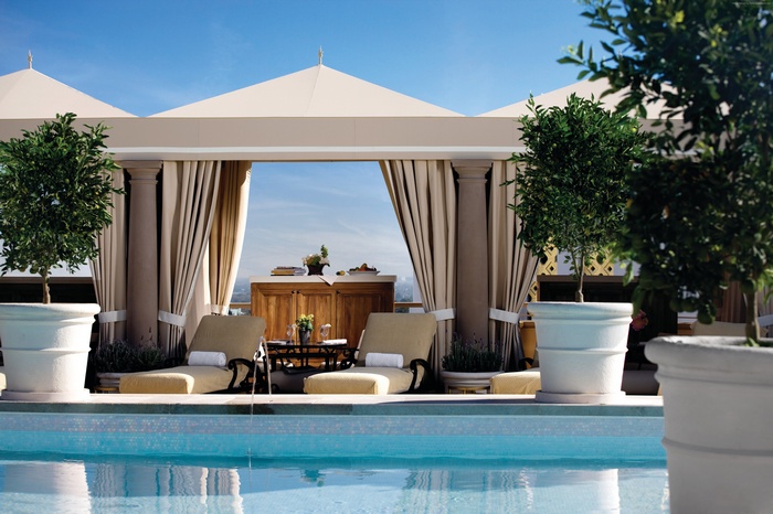Montage Beverly Hills resort pool cabana with lounge chairs