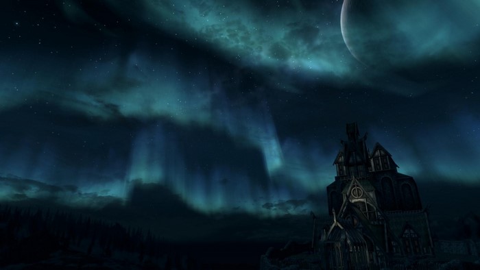 The Elder Scrolls V Skyrim Aurora over a haunted house