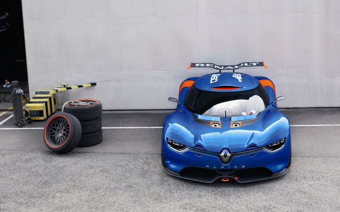 Blue Renault Alpine concept race car with tires