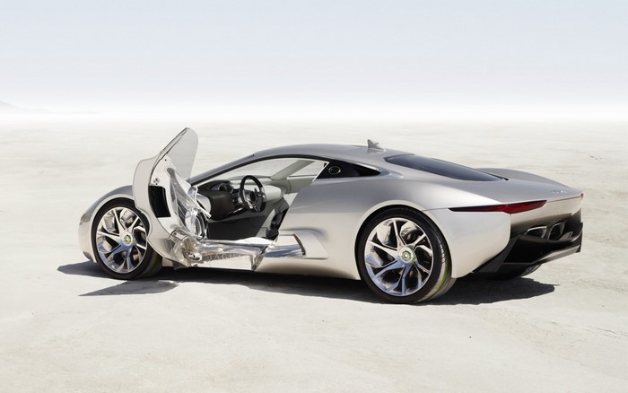 Silver Jaguar C-X75 concept car with doors open