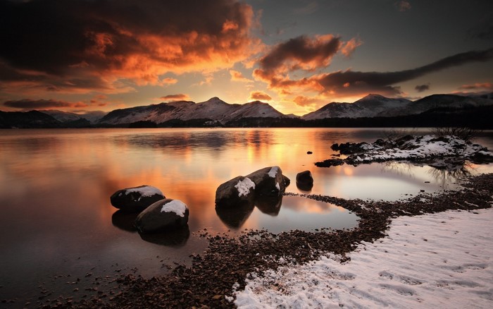 Sunset over a snowy mountain lake with rocks