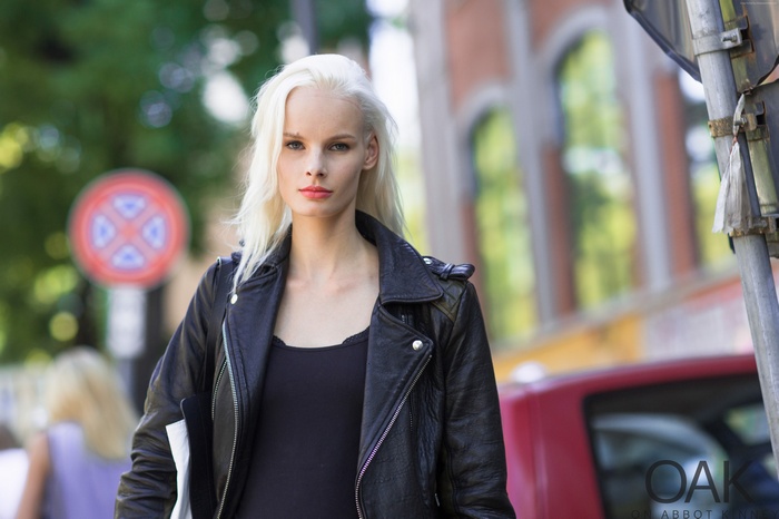 Irene Hiemstra blonde model in black leather jacket