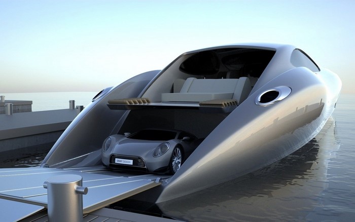 Luxury yacht with a sports car inside