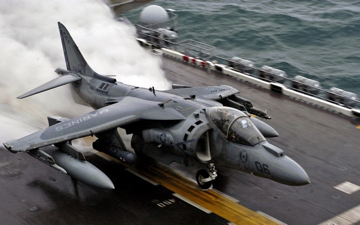 US Marines AV-8B Harrier II jet on aircraft carrier