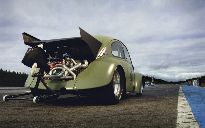 Modified Volkswagen Beetle drag car with exposed engine