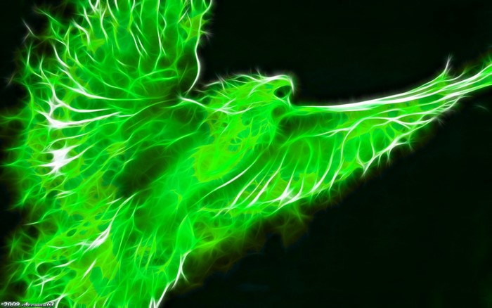 Green fractal phoenix bird with glowing wings