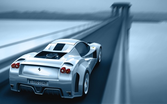Silver Ferrari sports car on a bridge