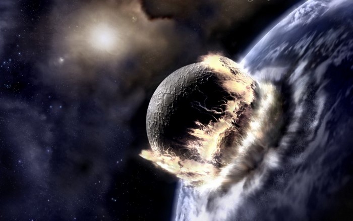 Planet and Earth collision in space