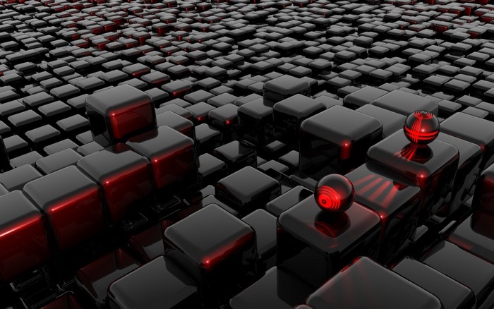 Abstract 3D black cubes and red spheres