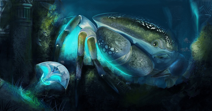 Underwater World with a glowing crab and ancient ruins