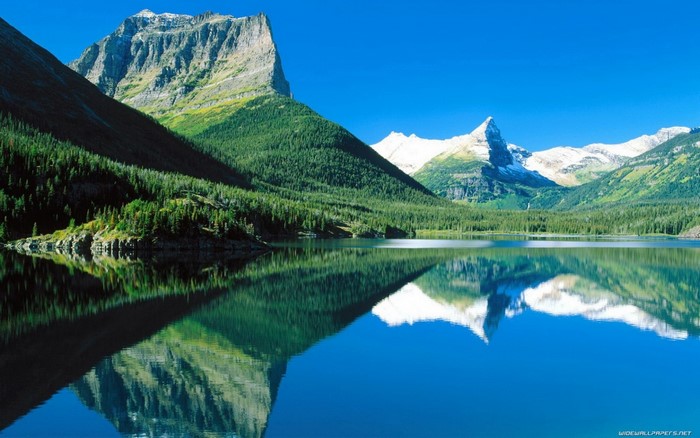 Mountain lake reflection with snow-capped peaks