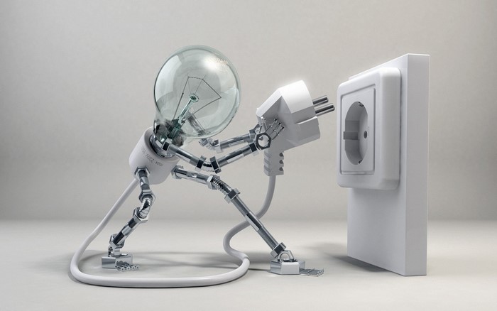 Lightbulb robot plugging into an electrical outlet