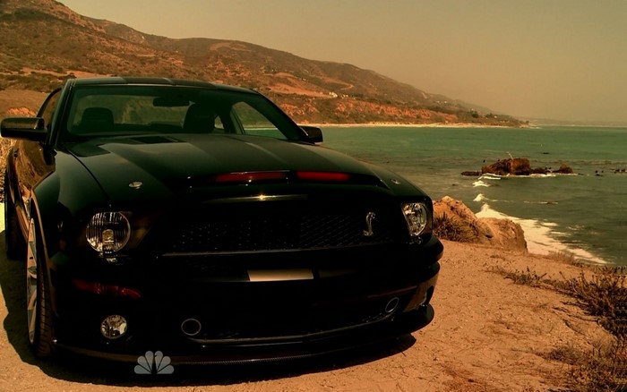 Black Ford Mustang GT500 by the ocean