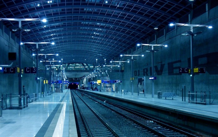 Modern Nighttime Urban Train Station