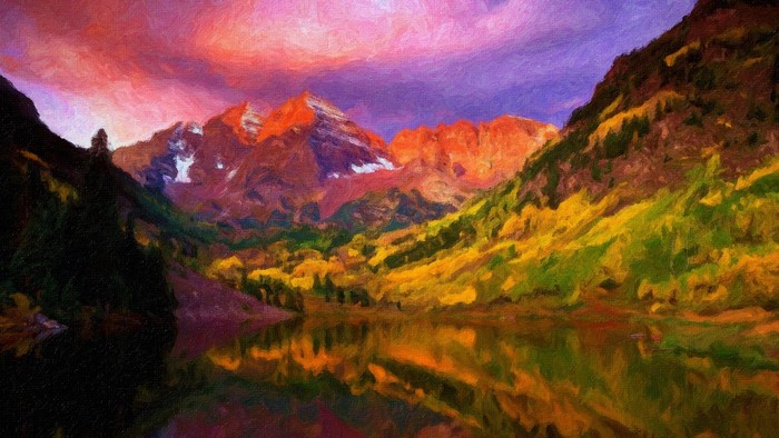 Impressionist painting of mountains reflecting in a lake at sunset