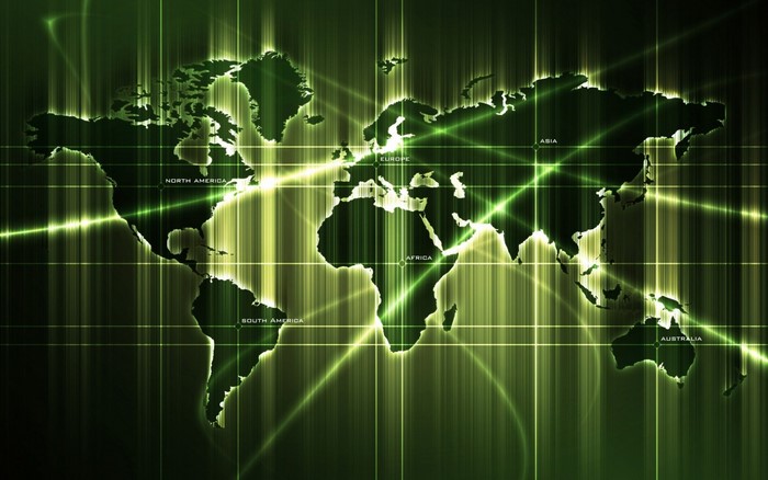 Digital world map with glowing green lines