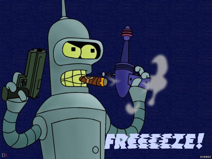 Bender from Futurama holding guns and smoking a cigar