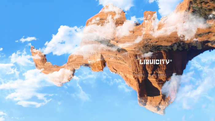 Floating rock formation with clouds and Liquicity logo