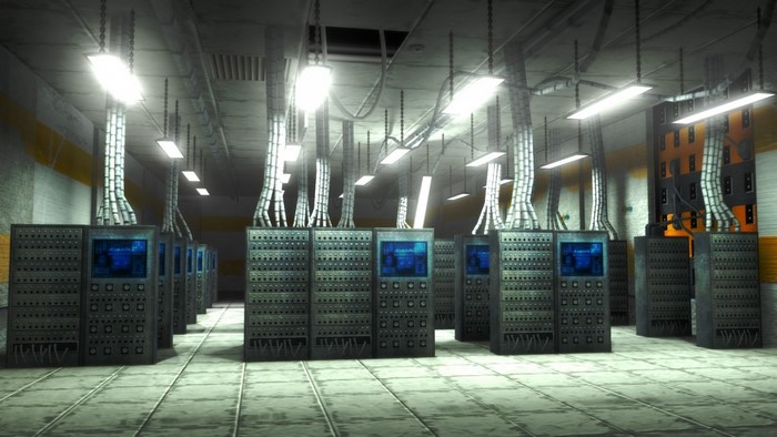 Server room with rows of computers and overhead lighting