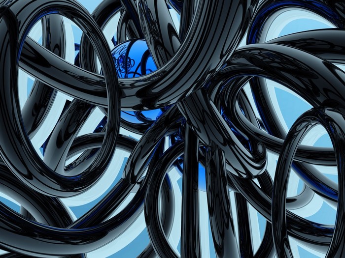 Abstract 3D rendering of black tubes and blue sphere